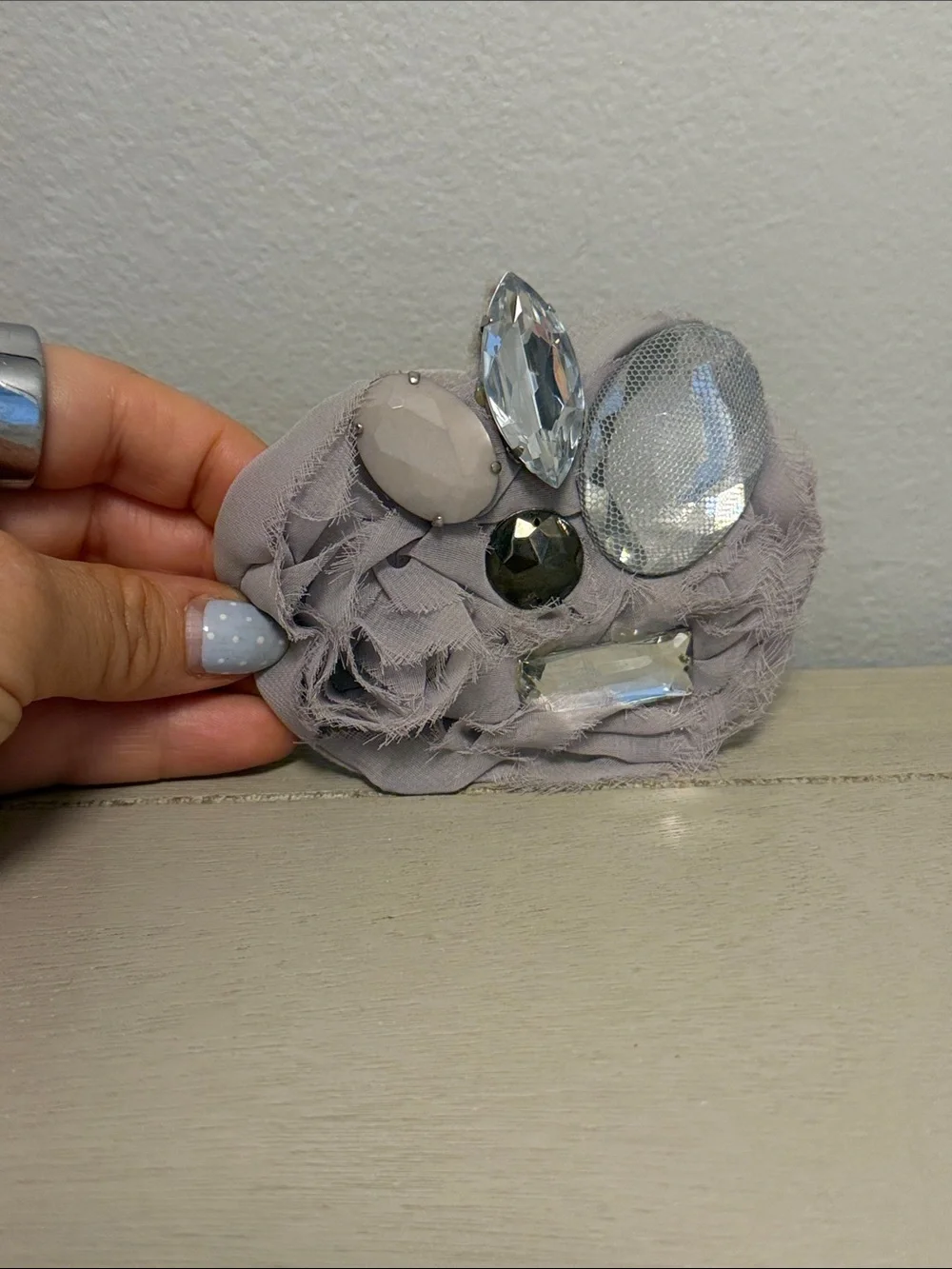 Tasha Nordstrom Gray Fabric Flower Rhinestone Brooch/Hair Clip Statement Pin NWT